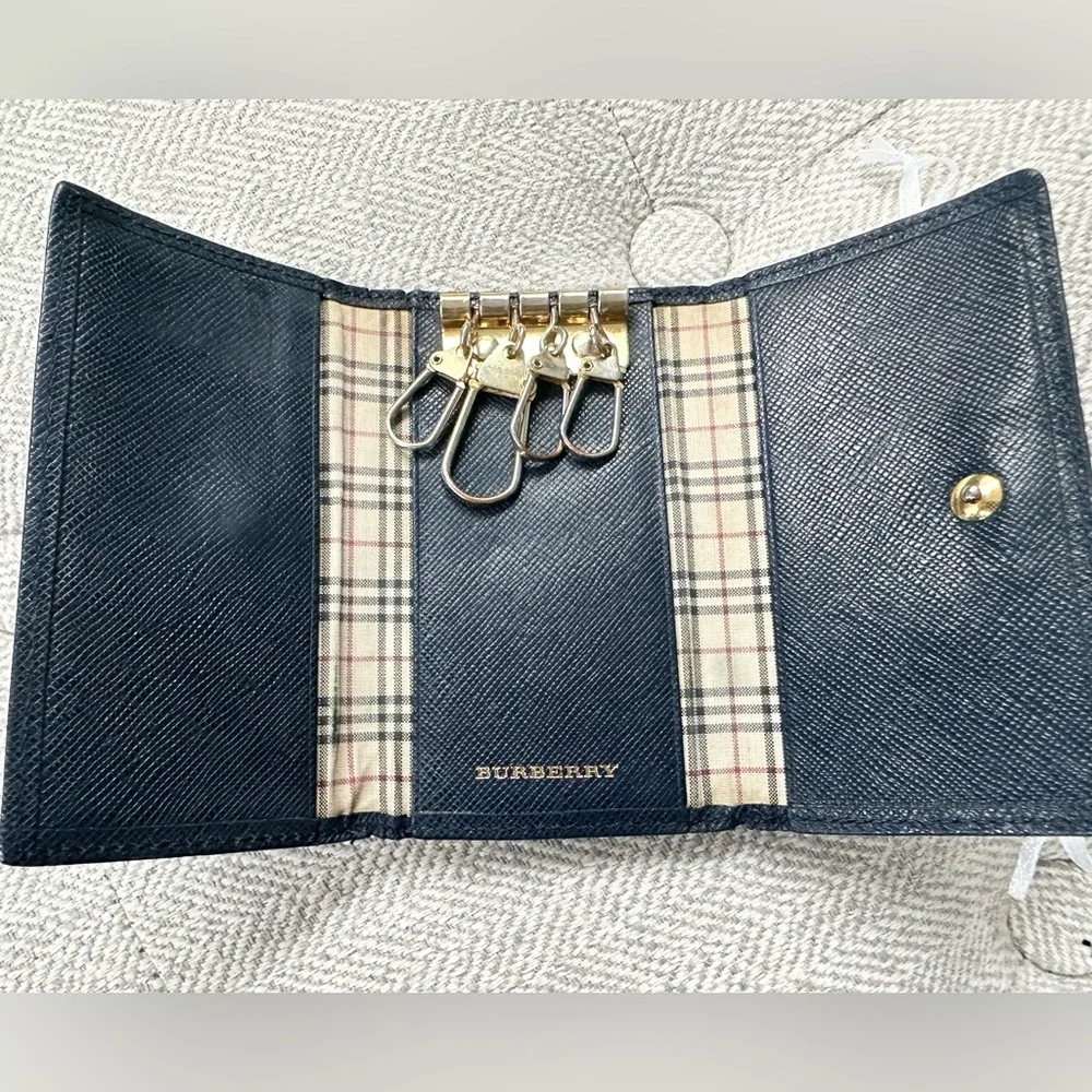 Burberry Nova Check Leather Key Holder & Card Holder – Dark Blue - Authentic